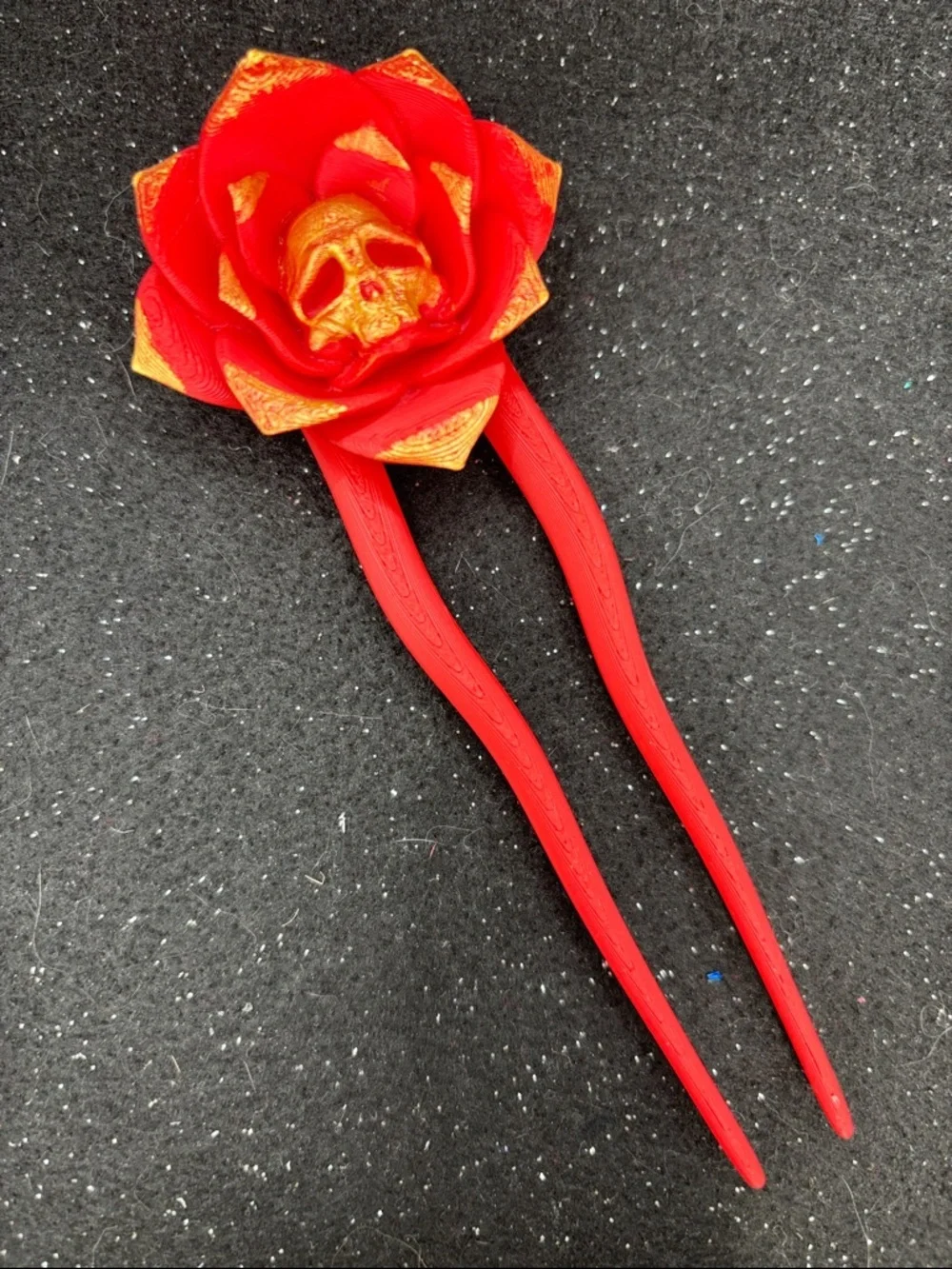 Skull Rose Hair Pin | Hand Painted Red & Gold Gothic Hair Stick | Floral Skull